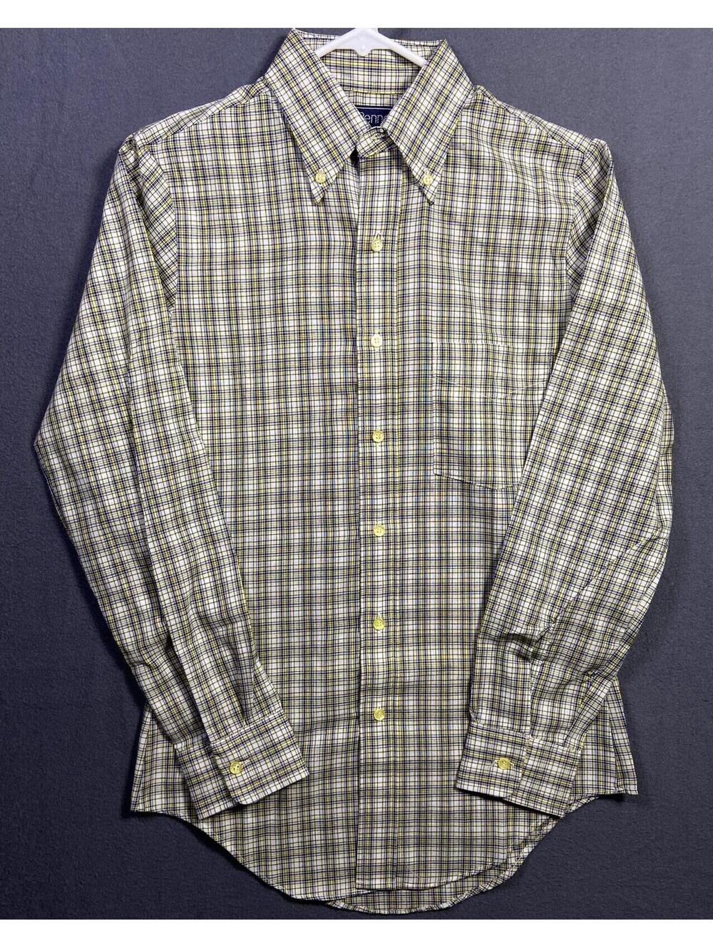 Vtg JCPenney Shirt Men's Small Retro Yellow Green Plaid Long Sleeve Button Front